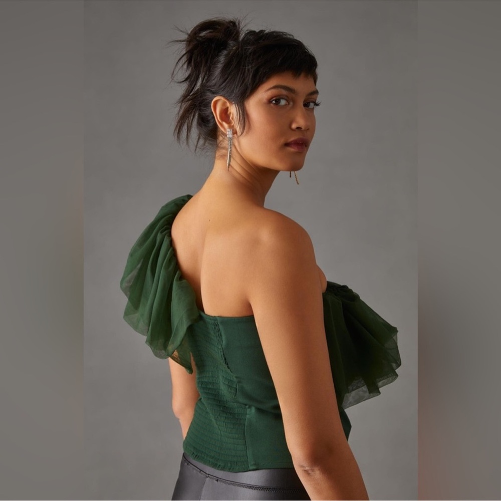 Anthropologie Sunday in Brooklyn Forest Green Asymmetrical Tulle Ruffle Top M - Picture 5 of 13
